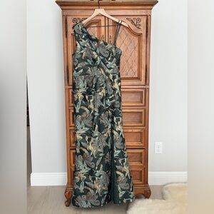 Adrianna Papell One Shoulder Dress in Dark Green and Gold Floral